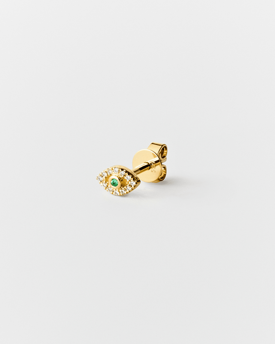 Eirene eye stud in 14k yellow gold, set with an emerald and natural diamonds.