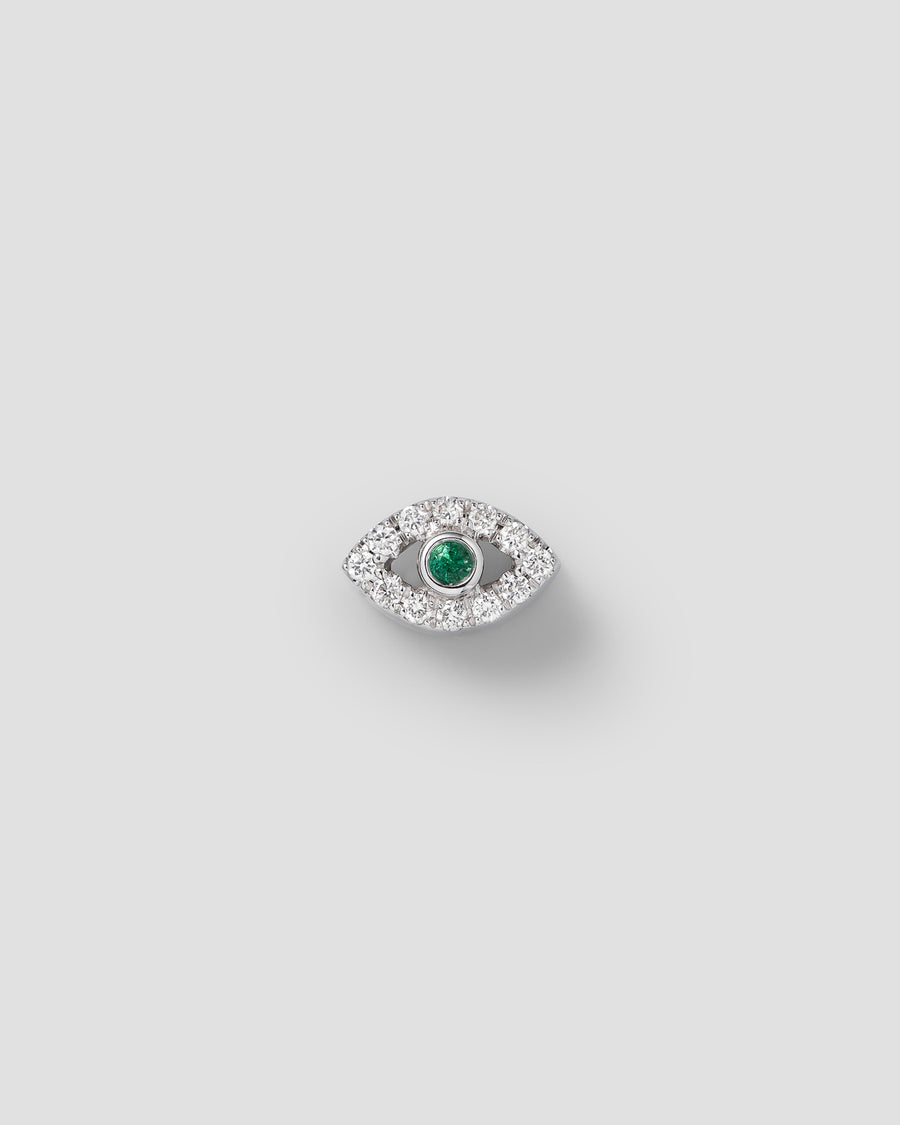 Eirene eye symbol charm in 14k white gold, set with a lab-grown white diamond.
