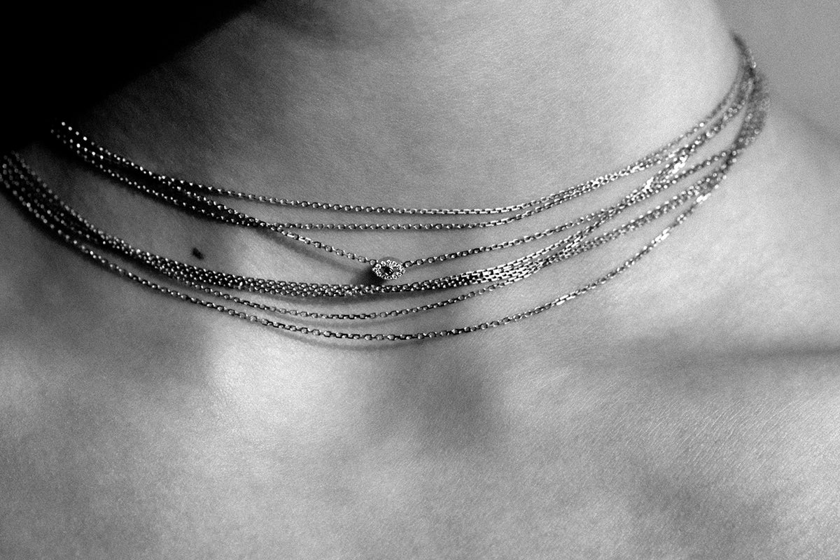 Black and white close-up of layered chain necklaces with the Eirene eye charm.