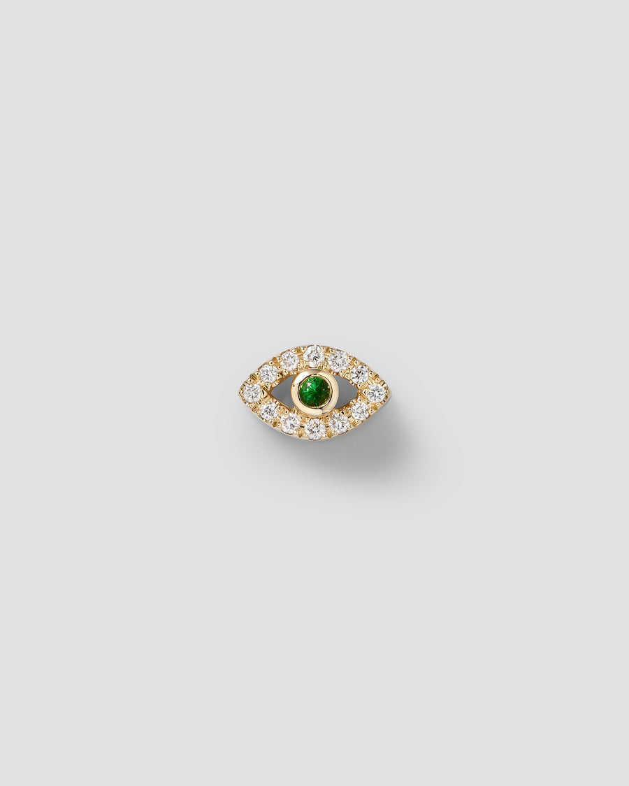 Eirene eye symbol charm in 14k yellow gold, set with a lab-grown white diamond.